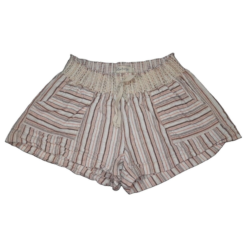 Kiss & Cry Boho Striped Smocked Linen Blend Shorts Large